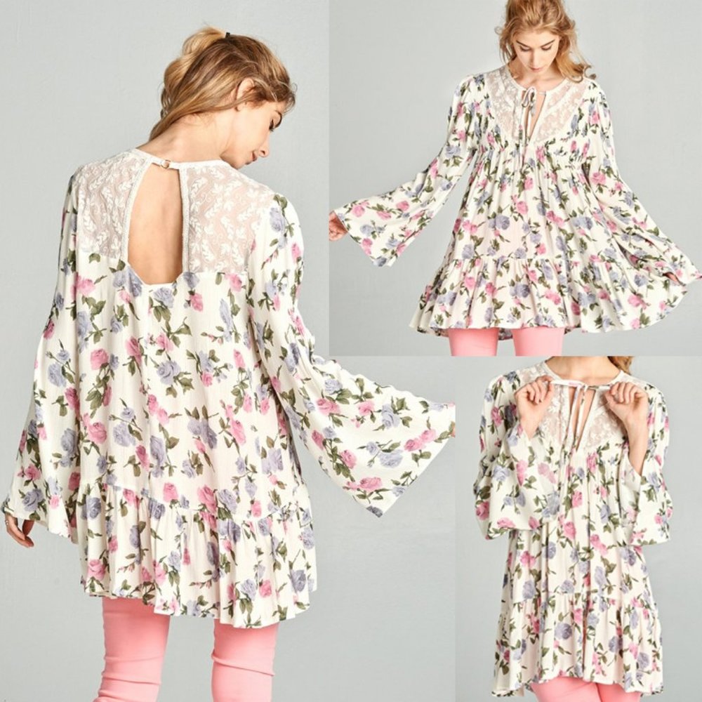 NEW Cream Pink Lilac Floral Lace Inset Tunic Top - Picture 11 of 12